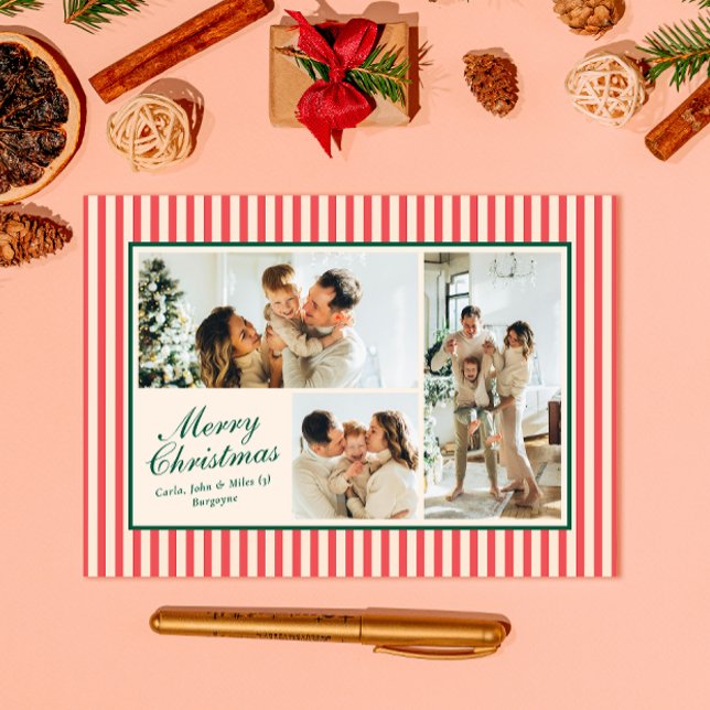 Cartão De Festividades Red Vertical Stripe 3 Moderno Natal (Criador carregado)