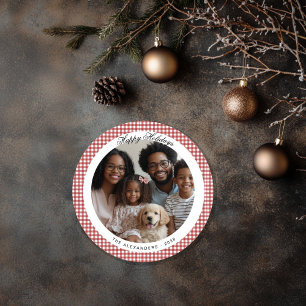 Cartão De Festividades Red Vintage Gingham Round Foto de Férias