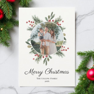 Cartão De Festividades Red Watercolor Arco Rustic Foto Feliz Natal