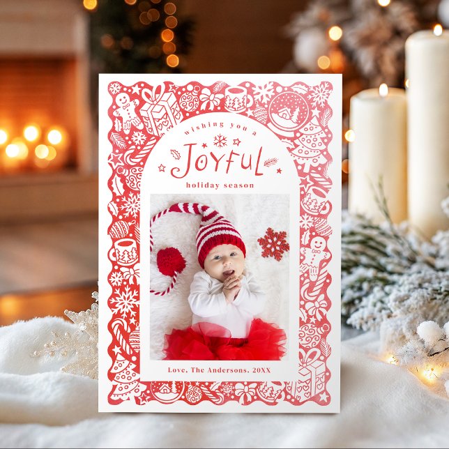Cartão De Festividades Red Whimsical Hand Drawn Joyful Holiday Photo (Red Whimsical Hand Drawn Joyful Holiday Photo)