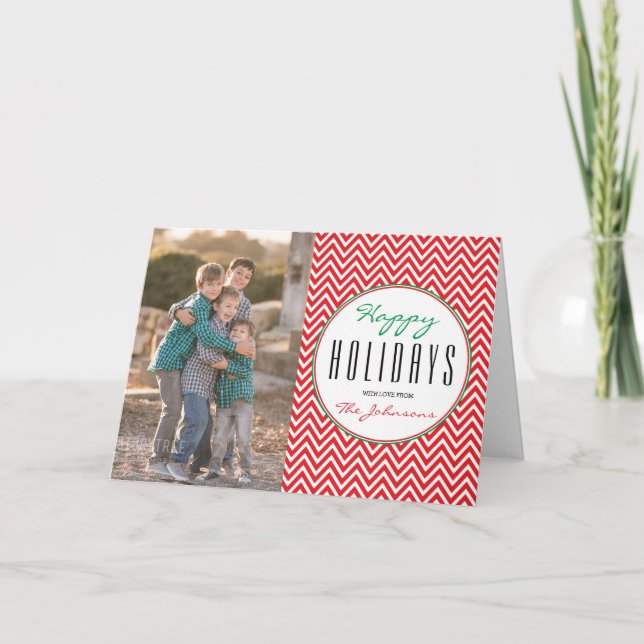 Cartão De Festividades Red & White Chevron Personalized Xmas Photo (Frente)
