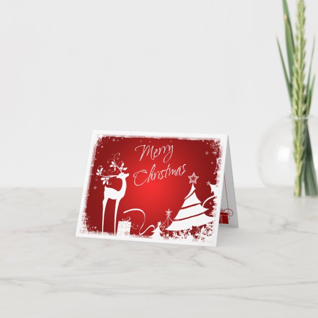 Cartão De Festividades Red, White Merry Christmas Trees & Deer Photo Card (Frente)
