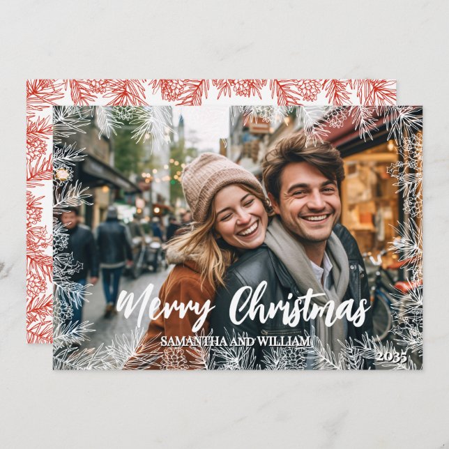 Cartão De Festividades Red White Modern Elegant Family Foto Natal (Frente/Verso)