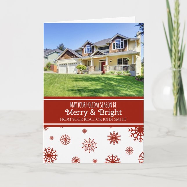 Cartão De Festividades Red White Snow Realtor Merry & Bright Photo Card (Frente)