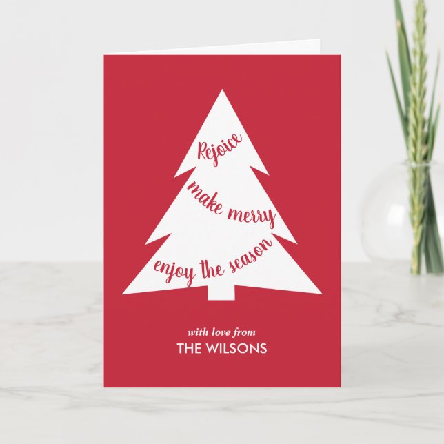 Cartão De Festividades Red White Typography Christmas Tree Custom Photo (Frente)