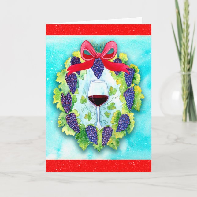 Cartão De Festividades Red Wine Grapes Holiday Wreath with Wine Glass (Frente)