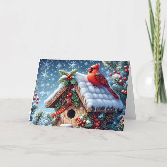 Cartão De Festividades Red Winter Cardinal on Birdhouse Christmas (Frente)