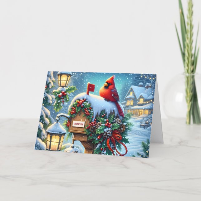 Cartão De Festividades Red Winter Cardinal on Mailbox Christmas (Frente)