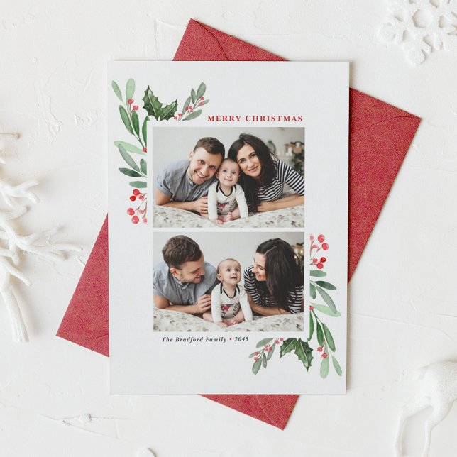 Cartão De Festividades Red Winterberry e Holly Two Photo Christmas (Watercolor Red Winterberry and Holly Two Photo Collage Merry Christmas Card)