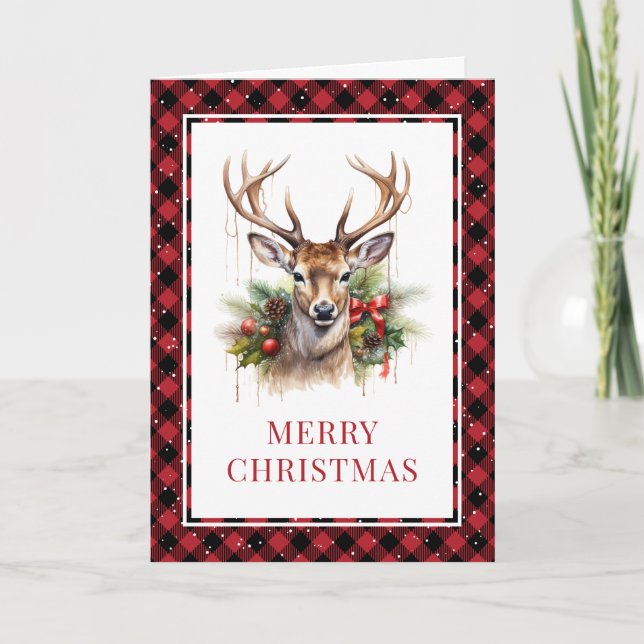 Cartão De Festividades Red Xadrez Watercolor Deer Feliz Natal (Frente)