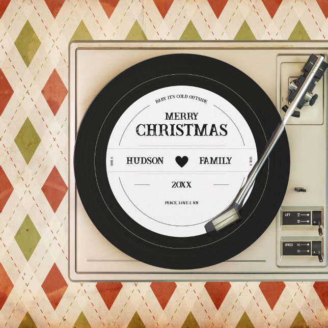 Cartão De Festividades Registro de vinilo retrô - Natal único (Unique Vinyl Record Retro Christmas Card - no photo, simple black & white, funny, whimsical)