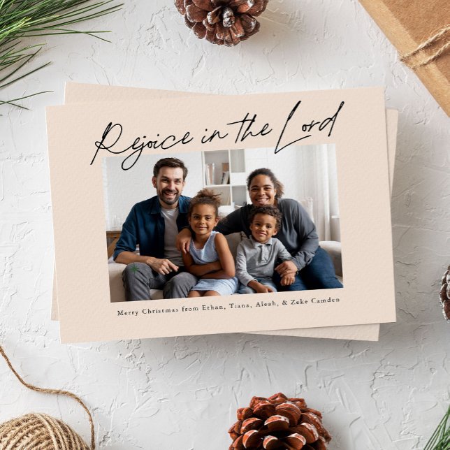 Cartão De Festividades Regozijo-me com o Natal do Senhor Manuscrito (rejoice in the Lord religious Christmas photo card with handwritten script)