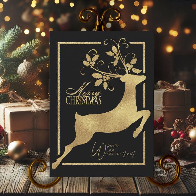 Cartão De Festividades Reinado Negro E Dourado Desejos Felizes De Natal (retro xmas card merry christmas wishes reindeer christmas card)