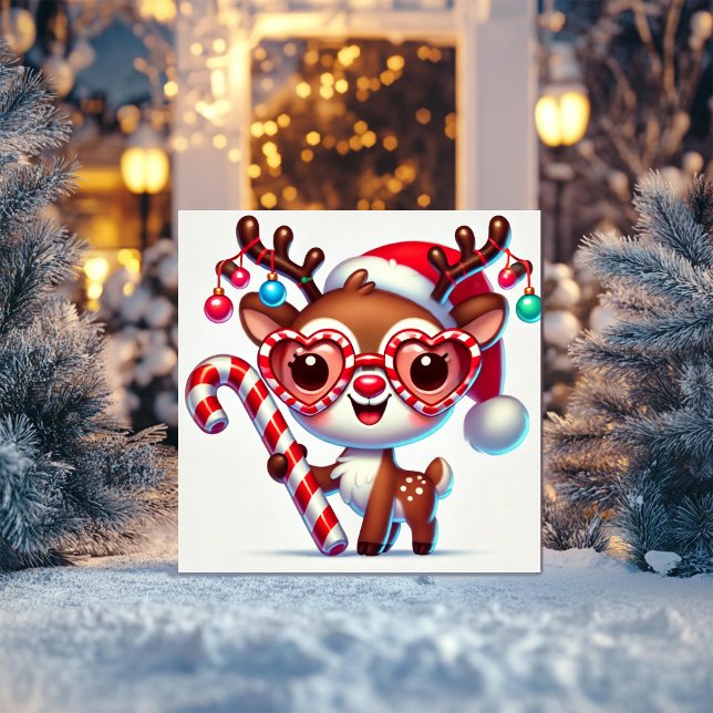 Cartão De Festividades Reindeer Adorável Segurando uma Canela Doce (Criador carregado)