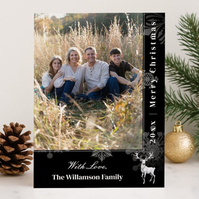 Cartão De Festividades Reindeer and Snowflakes Holiday Photo | Black Card (Black Reindeer and Snowflakes Holiday Photo Card)