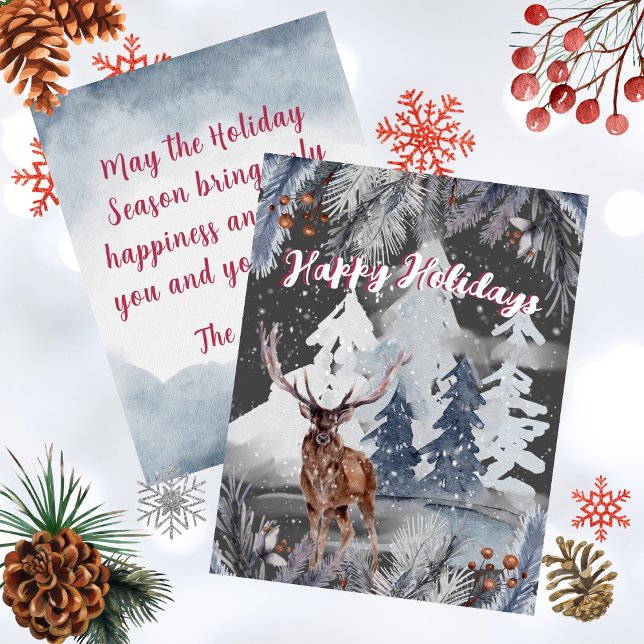 Cartão De Festividades Reindeer de Feriados Felizes Cena de Aquarela de i (Happy Holidays Watercolor Deer in Woods Snow Scene Holiday Card)
