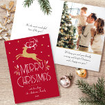 Cartão De Festividades Reindeer de Natal e Foto Personalizada Dourada Ver<br><div class="desc">Um cartão de Natal estilo Art Deco festivo, com texto editável e seu próprio dentro de fotos personalizado. Esta modelo de na moda apresenta uma rena saltitante, adornada com folhas decorativas e estrelas. O texto pode ser personalizado com um nome, data e uma saudação pessoal. Cores: cor vermelha, branca e...</div>