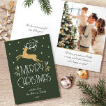 Cartão De Festividades Reindeer de Natal e Foto Personalizada Dourada Ver<br><div class="desc">Um cartão de Natal estilo Art Deco festivo, com texto editável e seu próprio dentro de fotos personalizado. Esta modelo de na moda apresenta uma rena saltitante, adornada com folhas decorativas e estrelas. O texto pode ser personalizado com um nome, data e uma saudação pessoal. Cores: verde muito escuro, branco...</div>