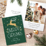Cartão De Festividades Reindeer de Natal e Fotografia Personalizada Doura<br><div class="desc">Um cartão de Natal estilo Art Deco festivo, com texto editável e seu próprio dentro de fotos personalizado. Esta modelo de na moda apresenta uma rena saltitante, adornada com folhas decorativas e estrelas. O texto pode ser personalizado com um nome, data e uma saudação pessoal. Cores: floresta escura verde, branca...</div>