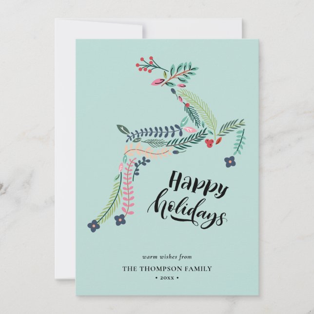 Cartão De Festividades Reindeer Floral | Poinsettia Pine Bough Happy (Frente)