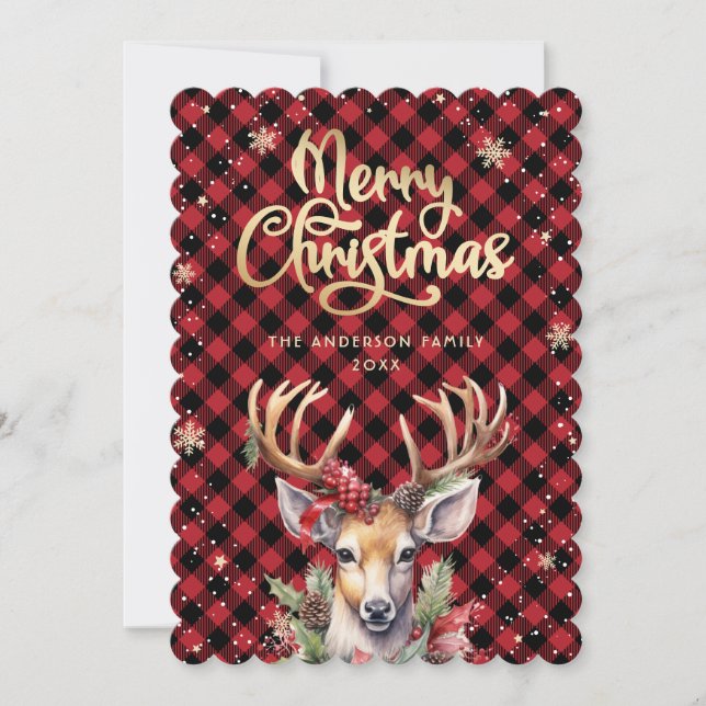 Cartão De Festividades Reindeer Holly Berries Snowflakes Christmas Card (Frente)