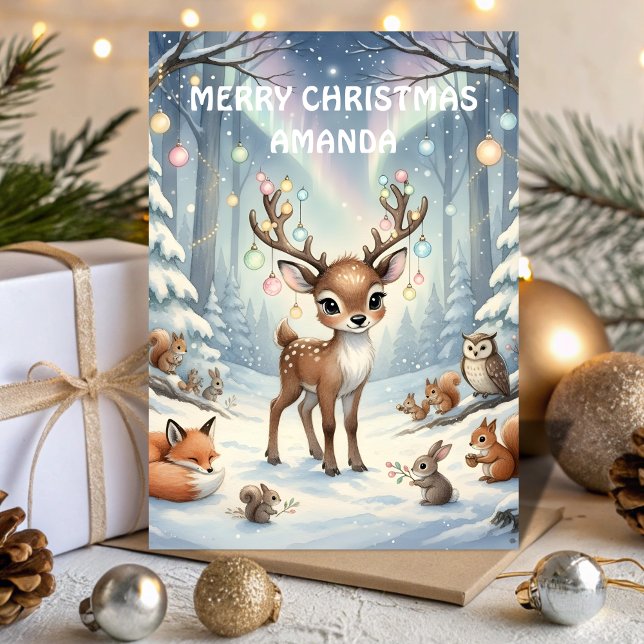Cartão De Festividades Reindeer Magical Forest Kids Christmas Card (Criador carregado)