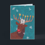 Cartão De Festividades Reindeer Menorah para o Natal e Hannukah<br><div class="desc">Um esquilo de cinza e uma rena bem-criada celebram Hannukah numa noite de neve. Este doce cartão é feito especialmente para aqueles de entre nós que observam tanto o Natal como a Hannukah.</div>