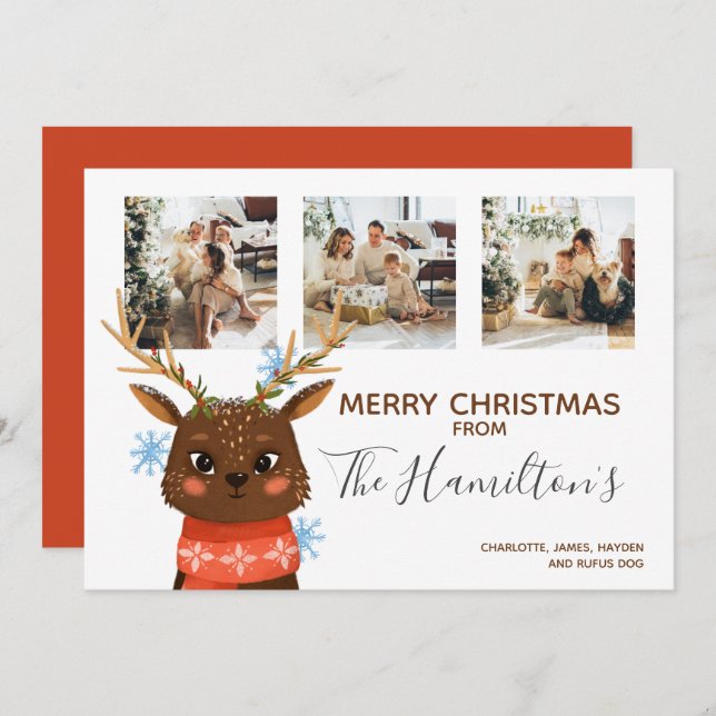 Cartão De Festividades Reindeer Personalizado de Foto Natal 3 (Frente/Verso)