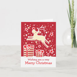 Cartão De Festividades Reindeer prancing over gifts red Christmas card (c