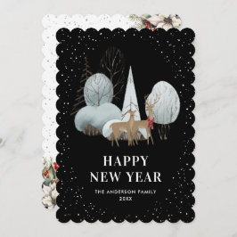 Cartão De Festividades Reindeer Snowy Forest Black New Year Card