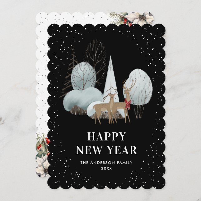 Cartão De Festividades Reindeer Snowy Forest Black New Year Card (Frente/Verso)