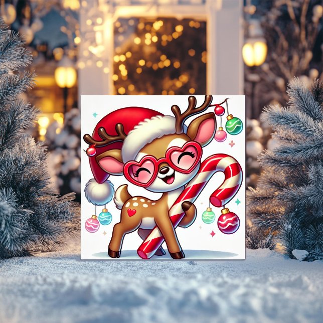 Cartão De Festividades Reindeer sorridente com ornamentos e canas doces (Criador carregado)
