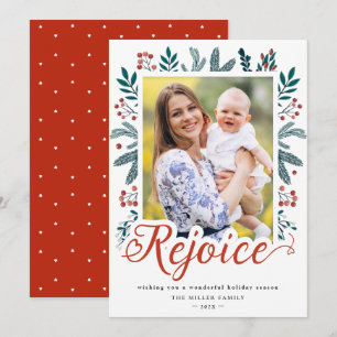 Cartão De Festividades Rejoice Script FesNatal Red Berries Foto