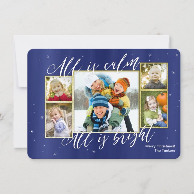 Cartão De Festividades Religious Christmas Collage Photo Card, Blue Gold (Frente)