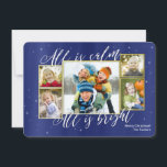 Cartão De Festividades Religious Christmas Collage Photo Card, Blue Gold<br><div class="desc">Get "oohs and aahs" from family and friends this Christmas season when you send a unique and trendy greeting from DoodleLulu by 2 june bugs design! Contact us if you would like this design modified for your specific number of photos or if you need this design applied to a specific...</div>