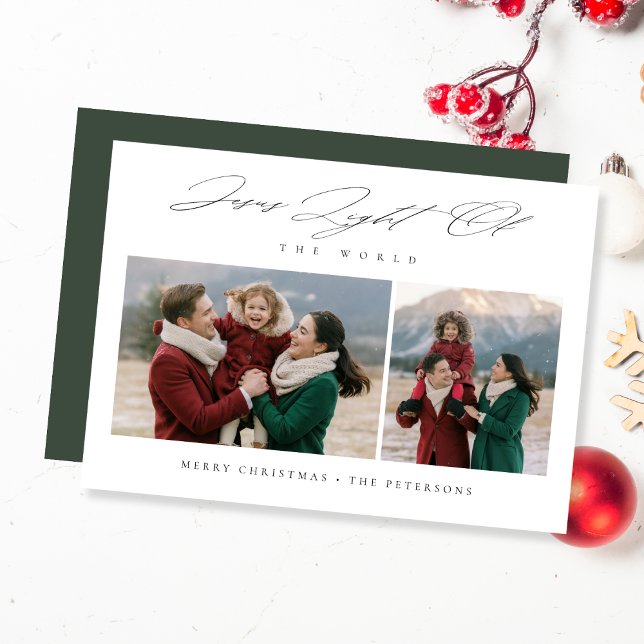 Cartão De Festividades Religious Christmas Light of the World Green Photo (Criador carregado)