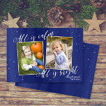 Cartão De Festividades Religious Christmas Photo Card, Navy Blue Gold<br><div class="desc">Get "oohs and aahs" from family and friends this Christmas season when you send a unique and trendy greeting from DoodleLulu by 2 june bugs design! Contact us if you would like this design modified for your specific number of photos or if you need this design applied to a specific...</div>