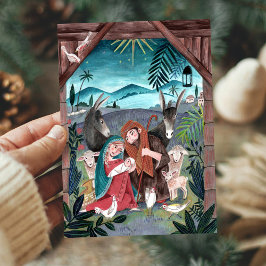 Cartão De Festividades Religious nativity scene blue, red Mary & Joseph