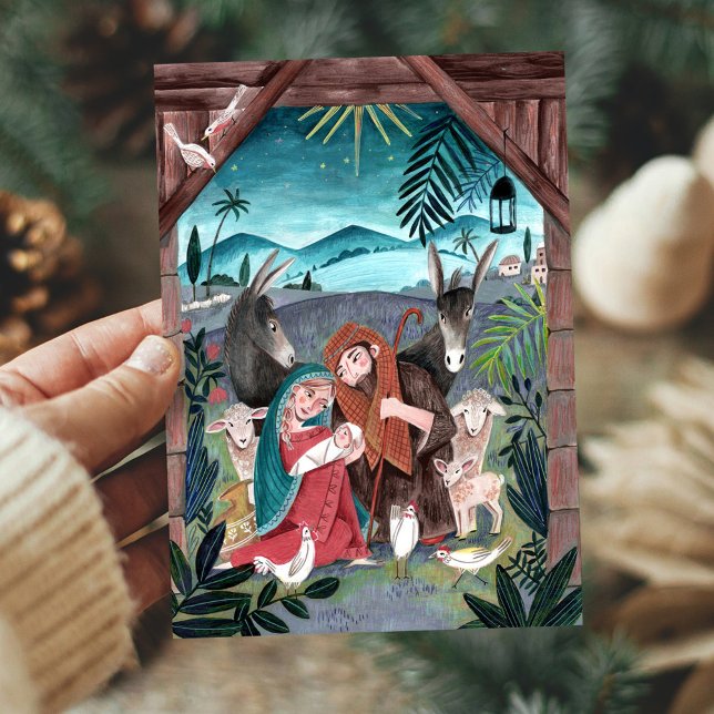 Cartão De Festividades Religious nativity scene blue, red Mary & Joseph (Religious nativity scene Christmas Holiday Card)
