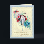 Cartão De Festividades Religious Virgin Mary Flowers Catholic Birthday<br><div class="desc">This is a beautiful vintage of the Marian Cross of the Blessed Virgin Mary, the holy rosary and a vintage floral bouquet overlaid on a vintage lace. Perfect for graduation or any special occasion. All text and fonts in the card may be modified.</div>