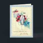Cartão De Festividades Religious Virgin Mary Flowers Catholic Birthday<br><div class="desc">This is a beautiful vintage of the Marian Cross of the Blessed Virgin Mary,  the holy rosary and a vintage floral bouquet overlaid on a vintage lace. Perfect for graduation or any special occasion.  All text and fonts in the card may be modified.</div>
