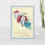 Cartão De Festividades Religious Virgin Mary Flowers Catholic Birthday<br><div class="desc">This is a beautiful vintage of the Marian Cross of the Blessed Virgin Mary,  the holy rosary and a vintage floral bouquet overlaid on a vintage lace. Perfect for graduation or any special occasion.  All text and fonts in the card may be modified.</div>