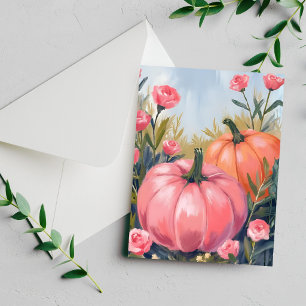 Cartão De Festividades Remendo de Abóbora Rosa Floral Aquarela Outono