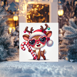 Cartão De Festividades Rena Alegre com Bastão de Doces e Enfeites