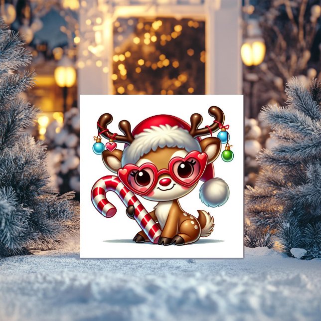 Cartão De Festividades Rena Bonita Segurando Cana de Açúcar Listrada (Criador carregado)