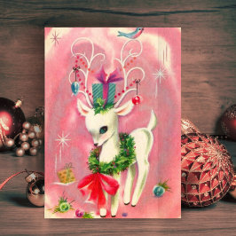 Cartão De Festividades Rena Branca de Natal Vintage