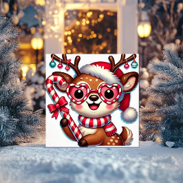 Cartão De Festividades Rena Charmosa com Enfeites e Cana-de-Açúcar