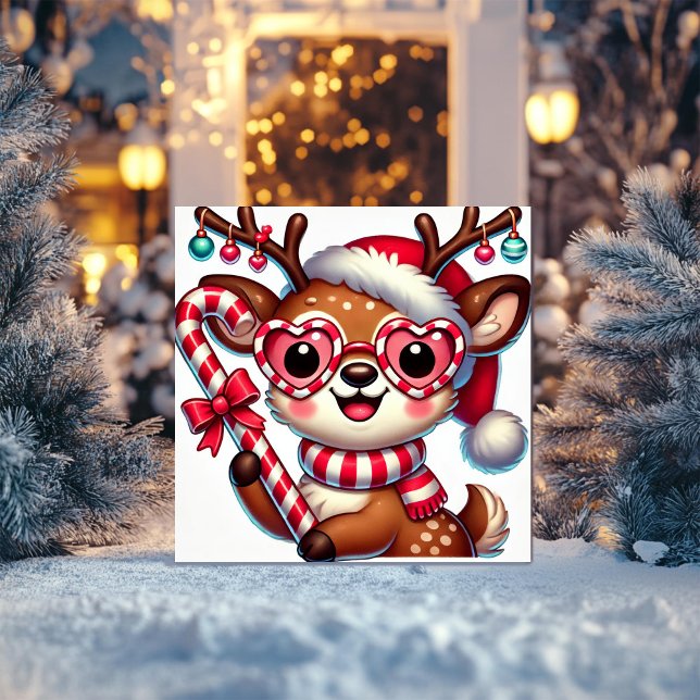 Cartão De Festividades Rena Charmosa com Enfeites e Cana-de-Açúcar (Criador carregado)