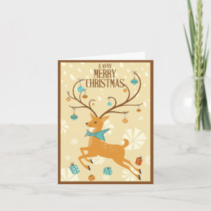 Cartão De Festividades Rena de Natal de meados do século com enfeites