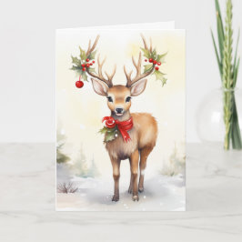 Cartão De Festividades Rena de Natal em Aquarela
